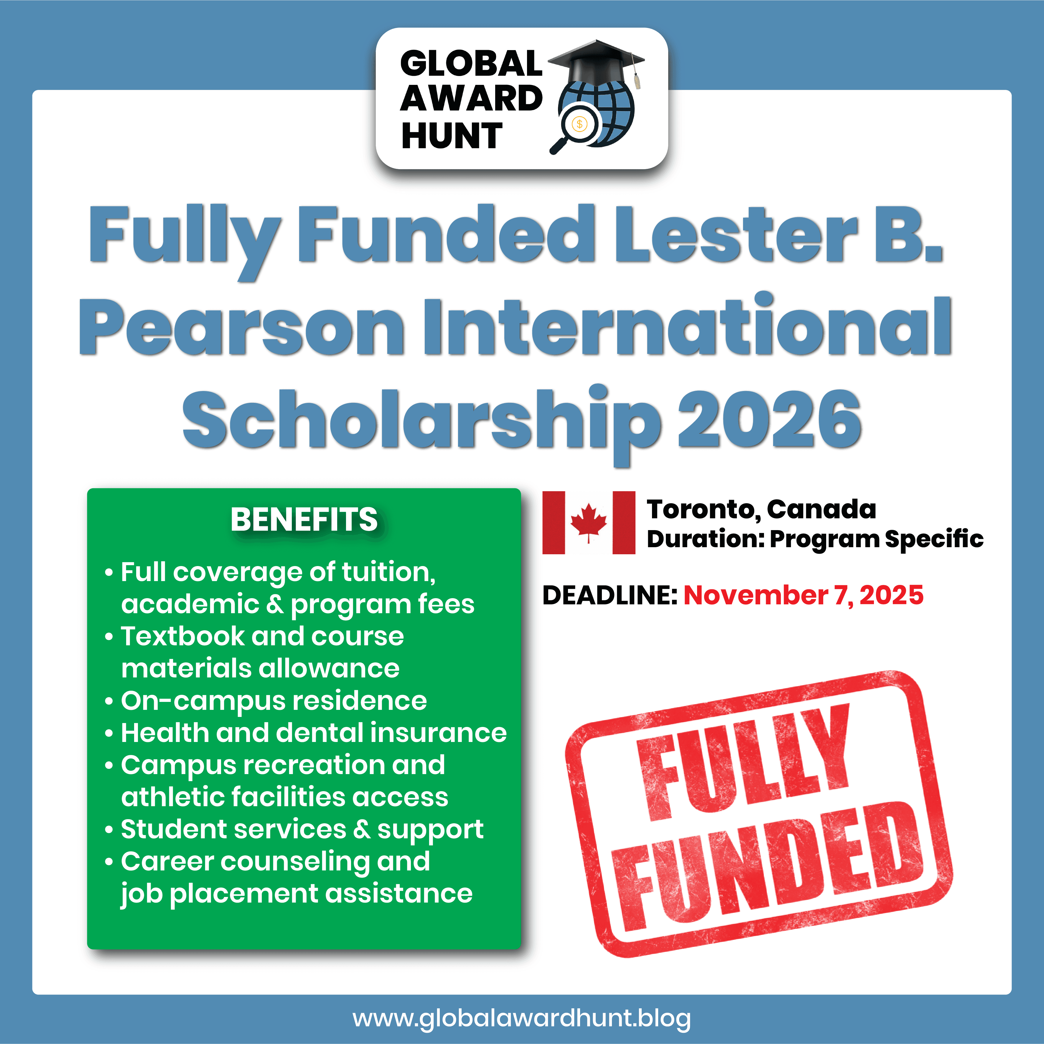 Featured image for Fully Funded Lester B. Pearson International Scholarship 2026 in Canada